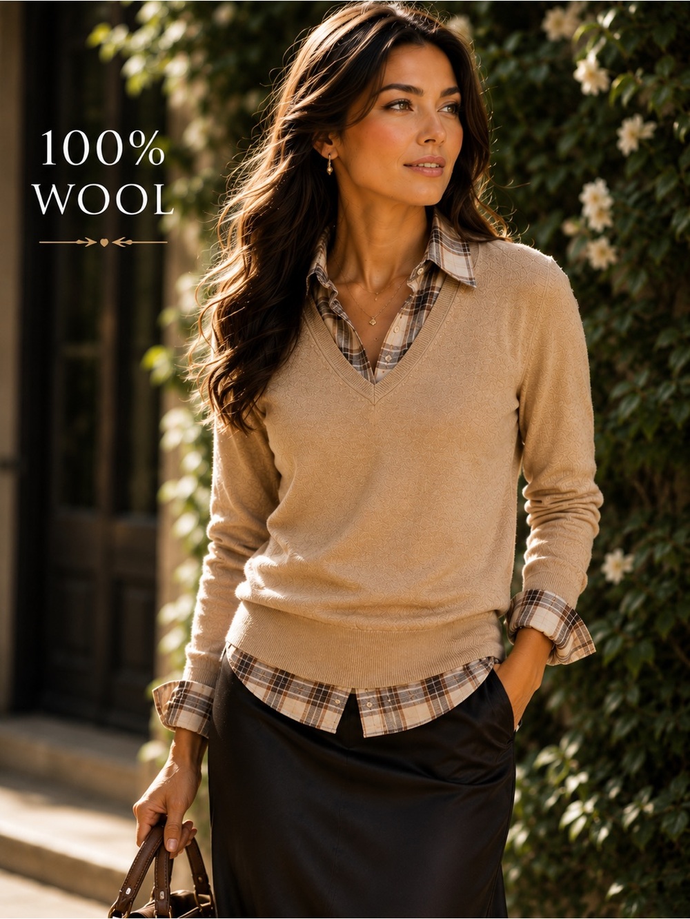 UNIQLO Women’s 100% Pure New Wool V-Neck Sweater Camel Tan M